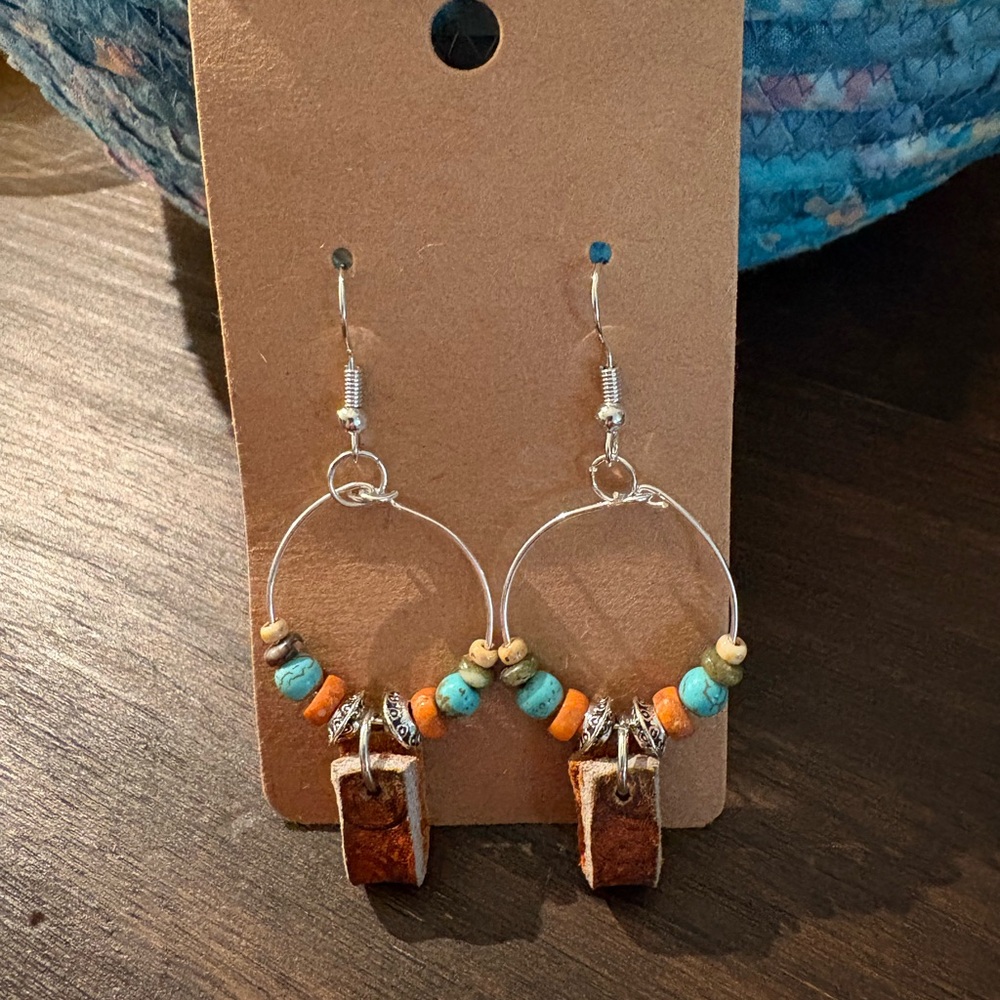 Handcrafted Beaded/Leather Earrings with Turquoise and Orange Accents